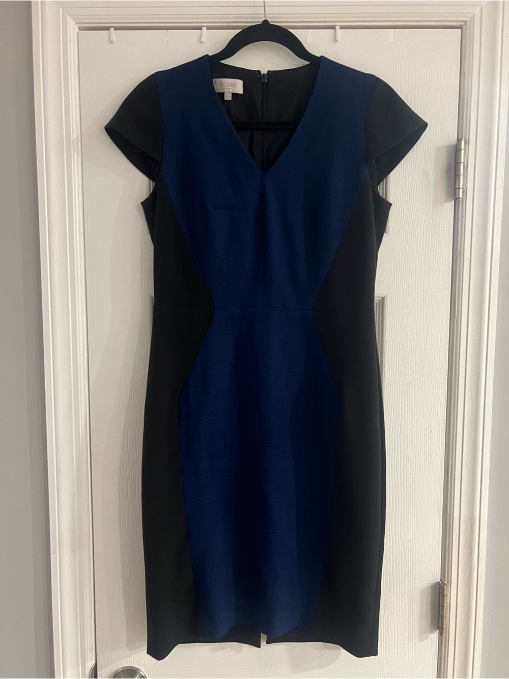 Hobbs London Blue & Black Cap Sleeve Midi Sheath Dress